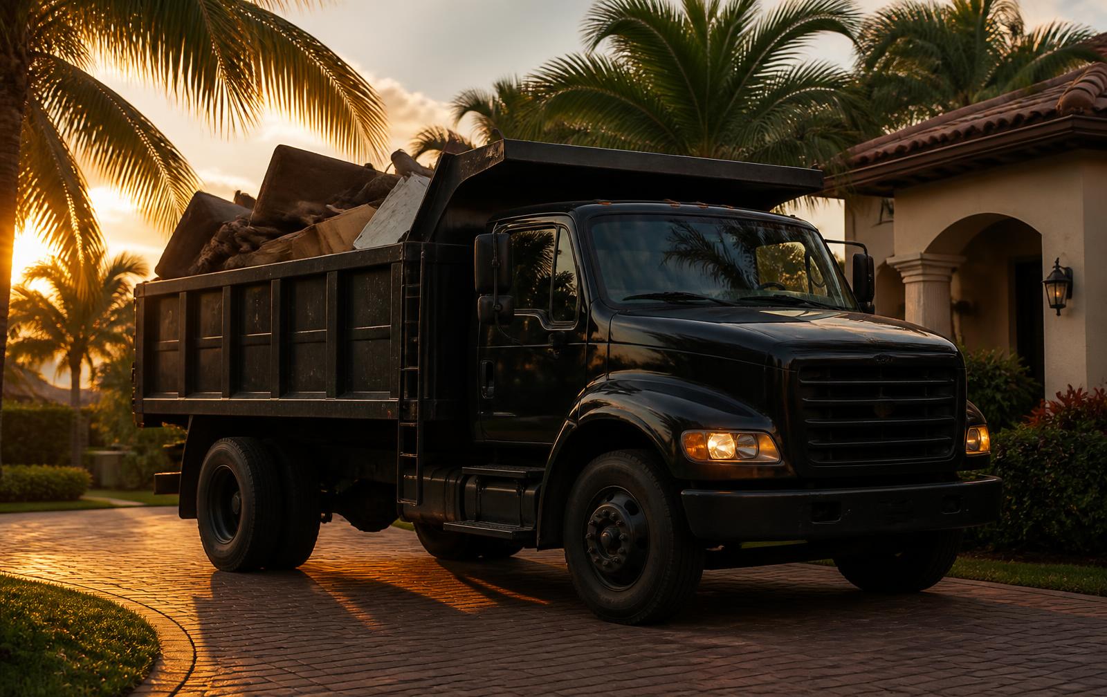 Loaded hauling truck in a South Florida driveway at sunset